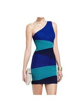 BCBGMAXAZRIA Mini Dress Size M Blue Colorblock Kira One Shoulder Bodycon